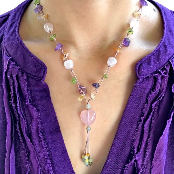 Sandy's Handmade Jewelry Jewelry - Playful Rose Quartz Hearts Gemstones Necklace Pendant